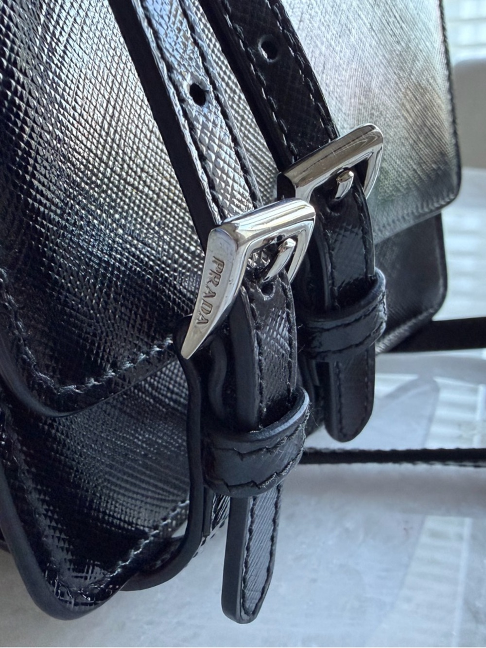 PRADA  Black Saffiano & Red Interior Leather Metal Crossbody Shoulder Bag Clutch - Picture 9 of 15